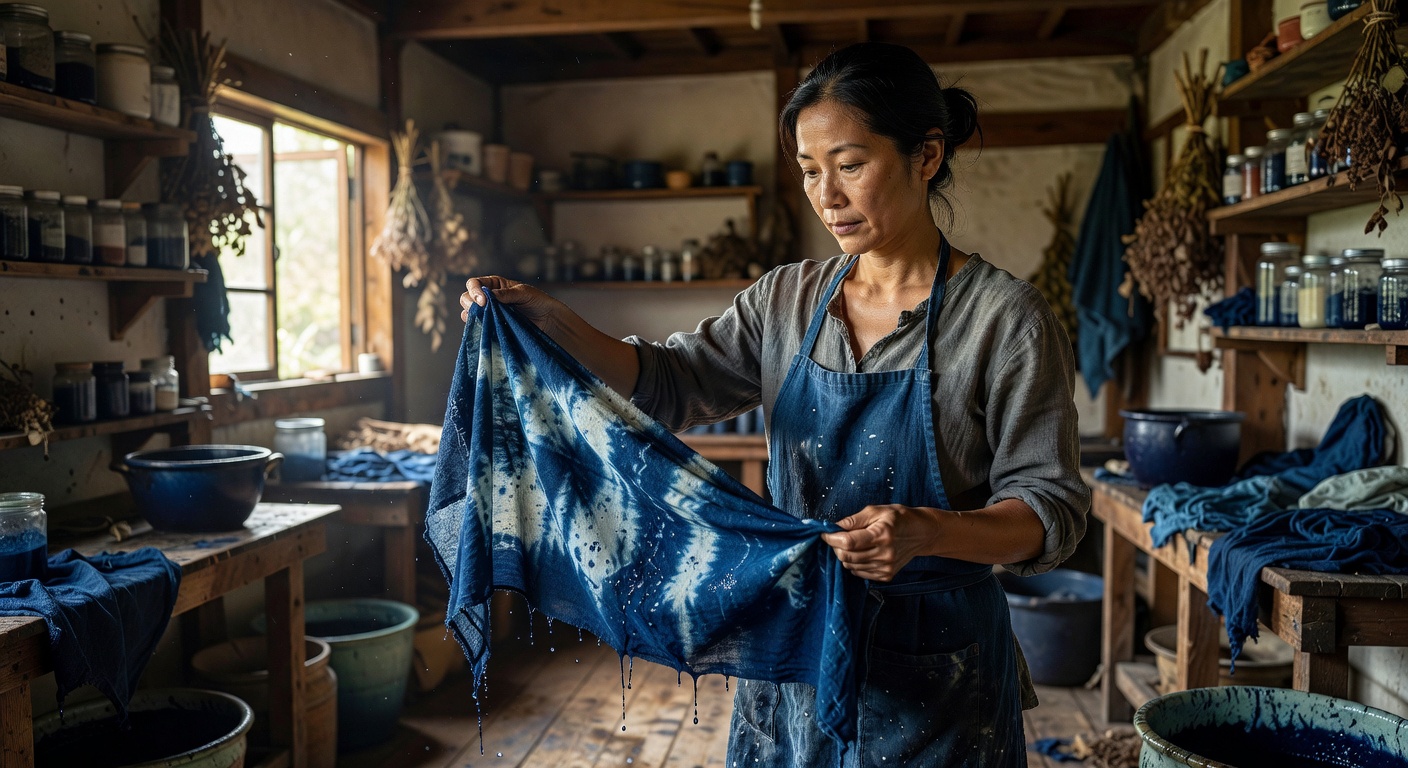 Aiko Yamamoto, Natural Dyer inspecting indigo fabric