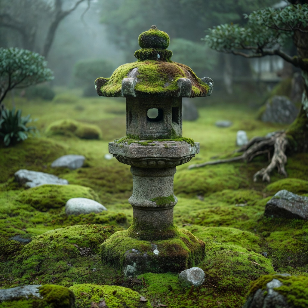 Ancient stone lantern surrounded by moss in a Japanese garden