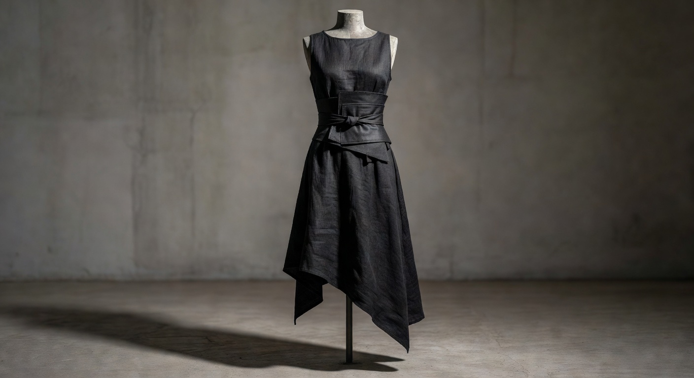 Asymmetrical black linen dress with obi-inspired belt