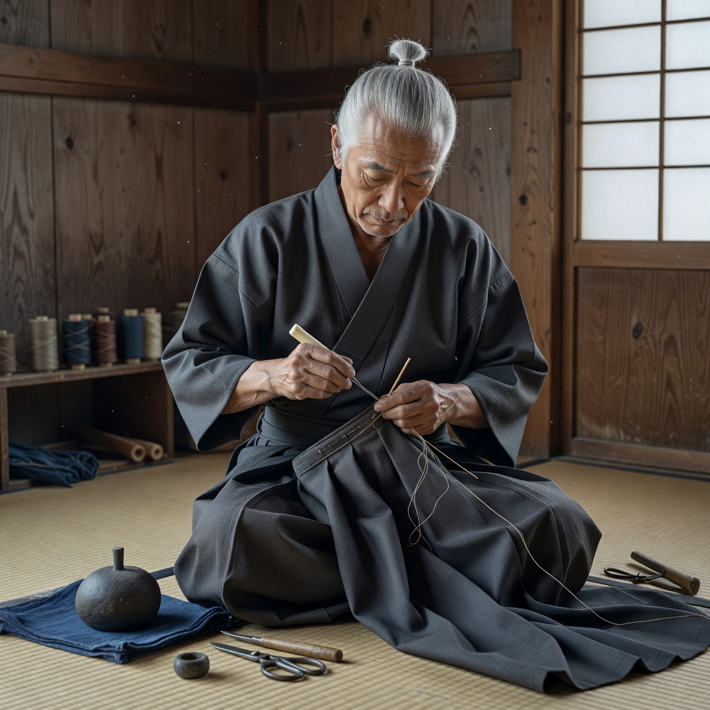 Japanese craftsman sewing modern hakama with traditional tools