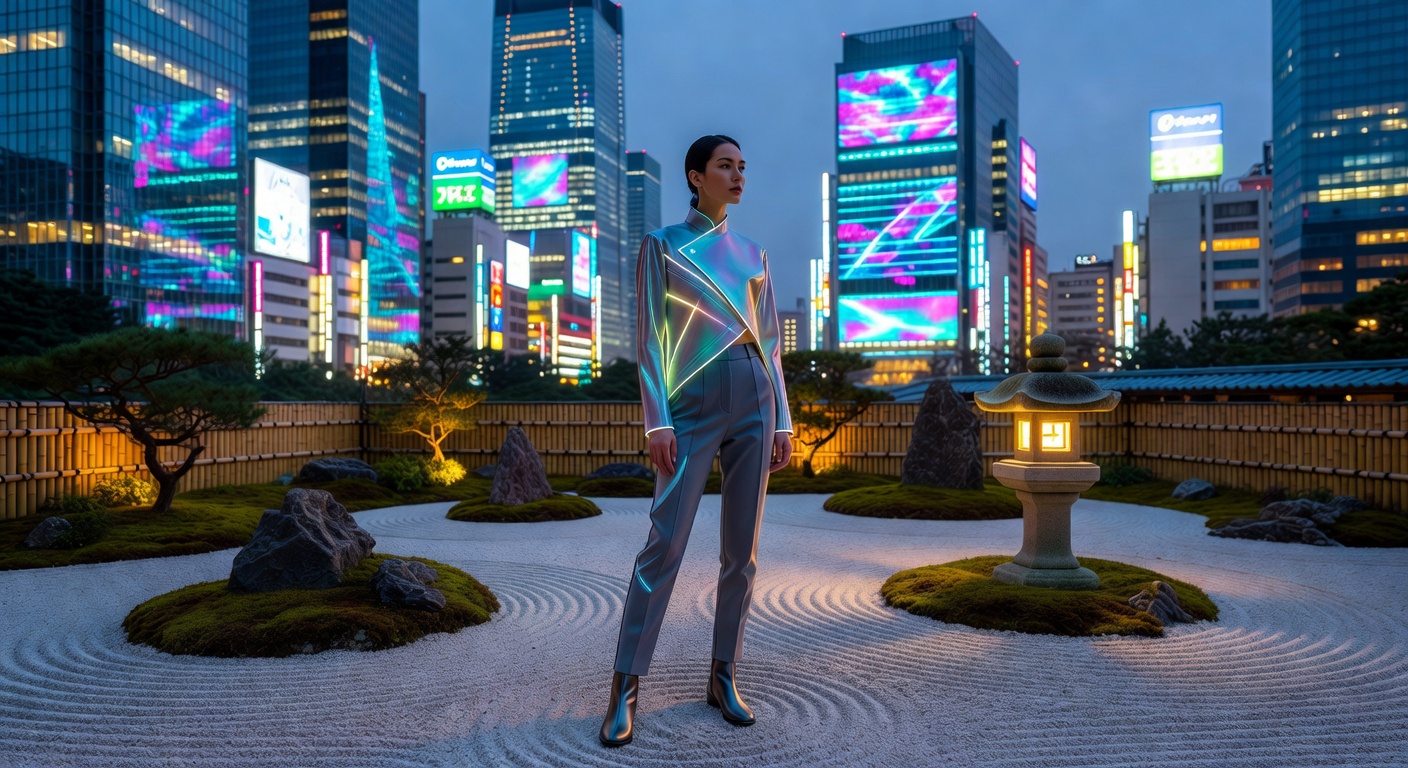 Model standing between traditional zen garden and futuristic tokyo skyline wearing Zestari clothing