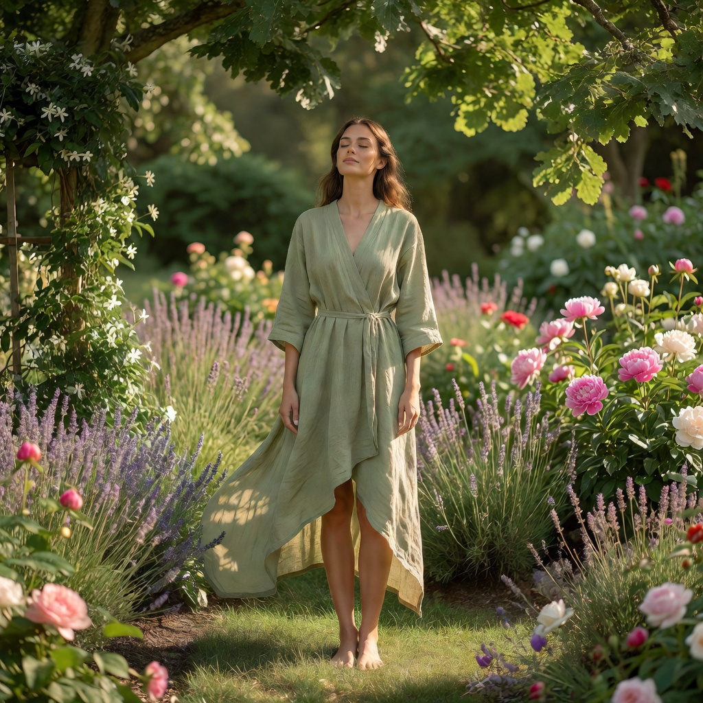 Model wearing Zestari asymmetrical linen robe standing peacefully in a garden