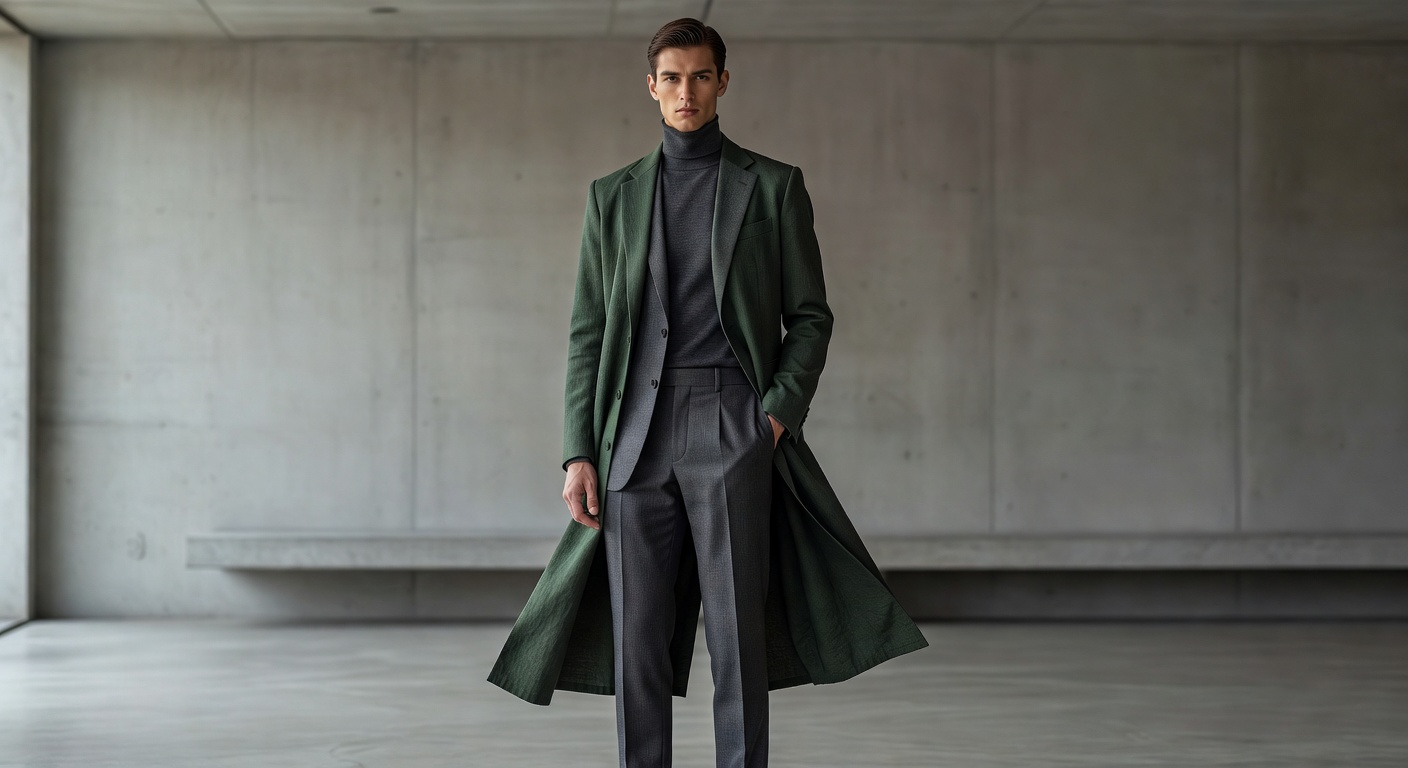 Modern haori coat in moss green worn over contemporary tailoring