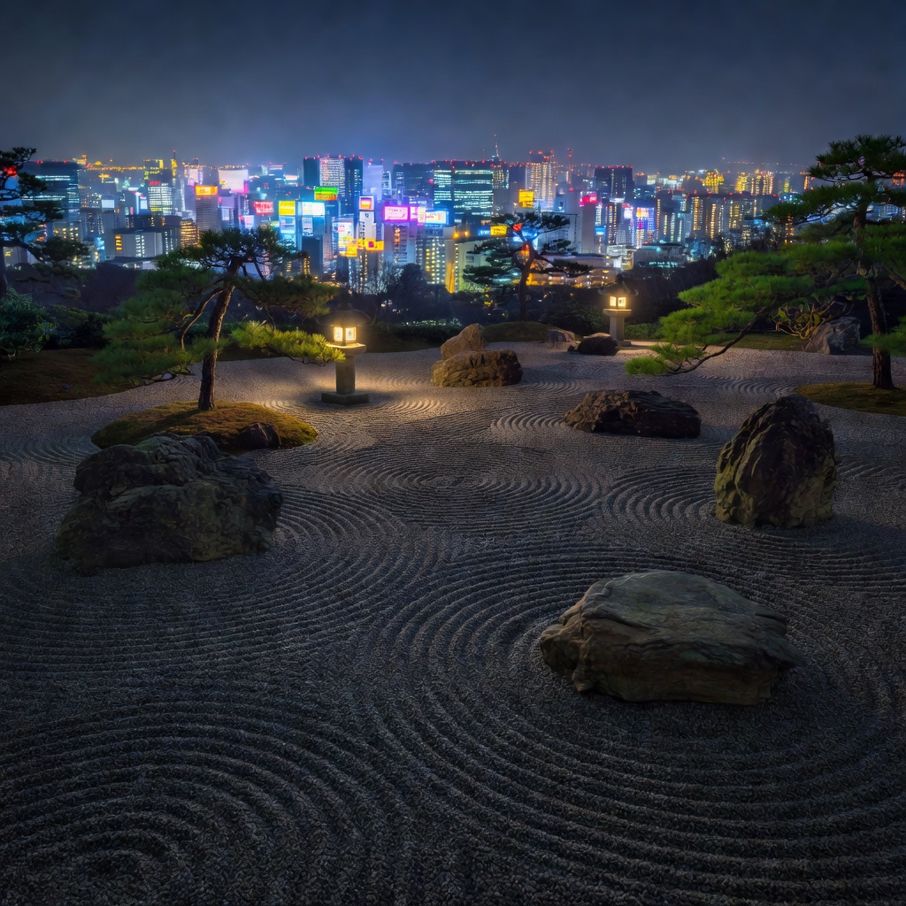 Night time zen garden with tokyo lights in background