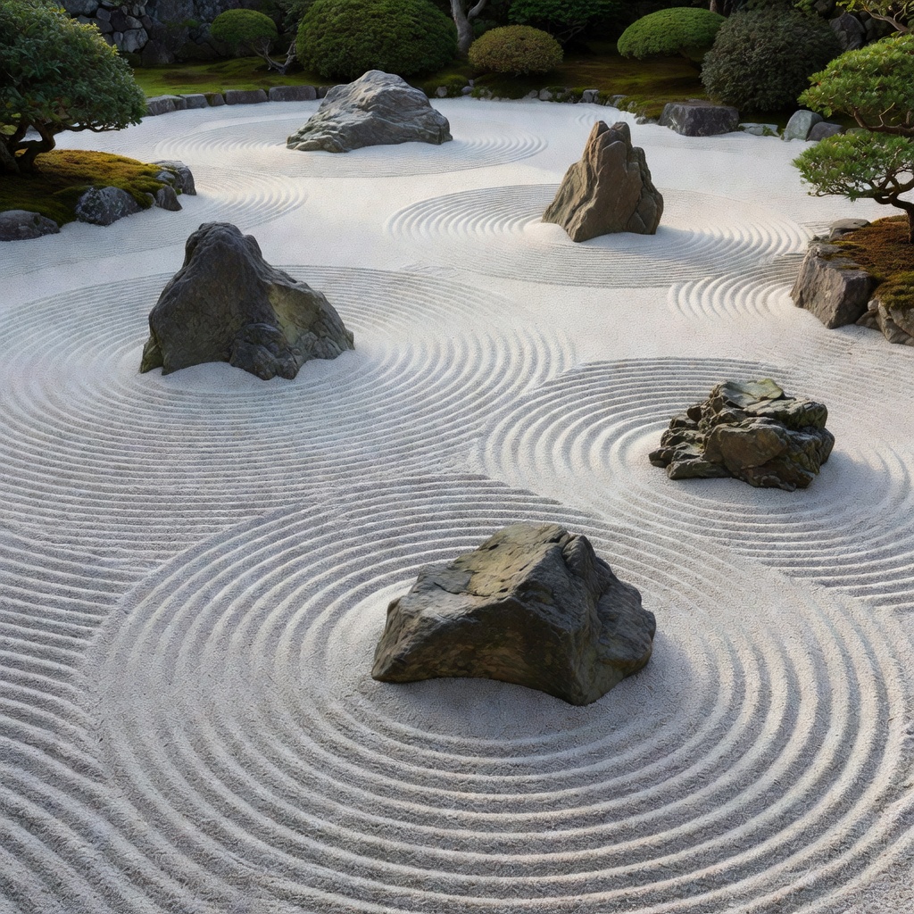 Traditional Japanese zen garden with carefully raked sand and stones